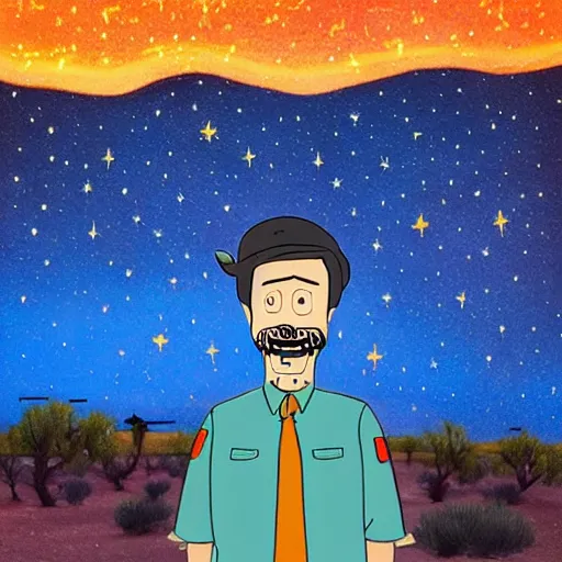 Prompt: bob from bob’s burgers in the desert with a starry sky in the style of Banksy