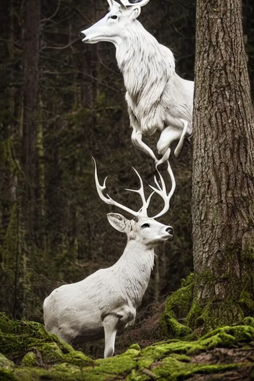 Image similar to king of the forest, a white stag, beautiful, fantasy, hyper realistic, dramatic lighting, 8k