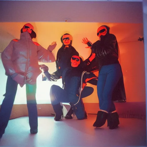 Prompt: first-person perspective closeup view of three people wearing shiny skiwear having a party inside of a 1970s luxury bungalow with a rectangular infinity mirror on the wall, at dusk, ektachrome photograph, f8 aperture