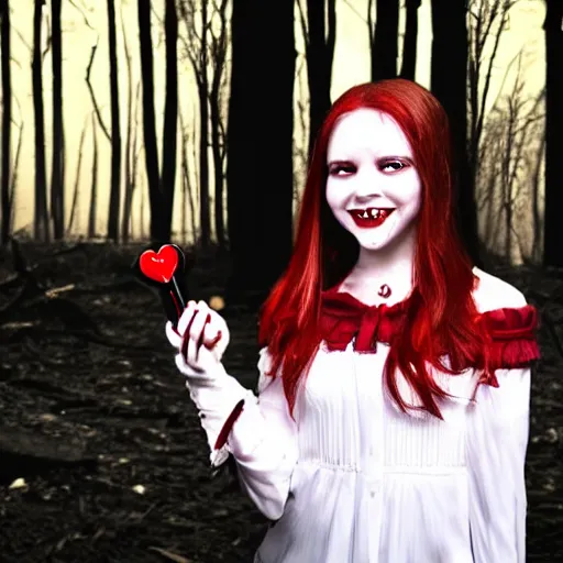 Prompt: a vampire girl with a smug smile on her pure white face, shes holding a key in her right hand and she is staring into your soul, in the background a dark red forest is burning to ashes