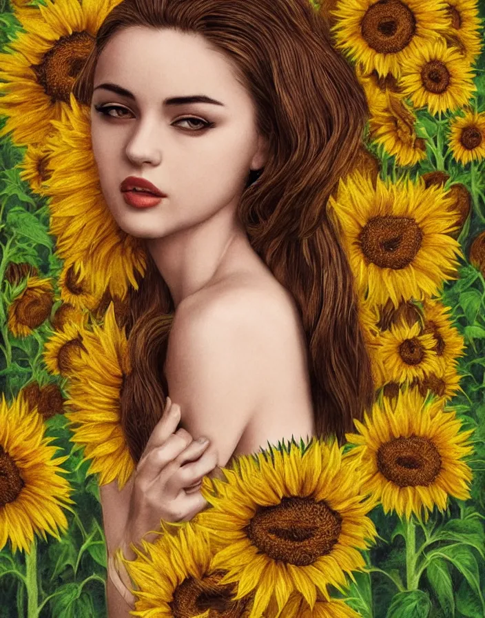 Prompt: Queen of the Sunflowers , a beautiful Ukrainian woman who looks like a mix of Audrey Hepburn and Selena Gomez, perfect skin, perfect face, gorgeous, symmetrical face, symmetrical body, artgerm, flowing hair, realistic, photorealistic, editorial photograph, portrait, detailed, intricate, focused, muted colors, artstation, border and embellishments inspiried by alphonse mucha, fractals in the background, galaxy