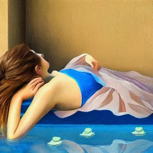 Prompt: a girl lying floating in a room full of water, very beautiful fantastic painting