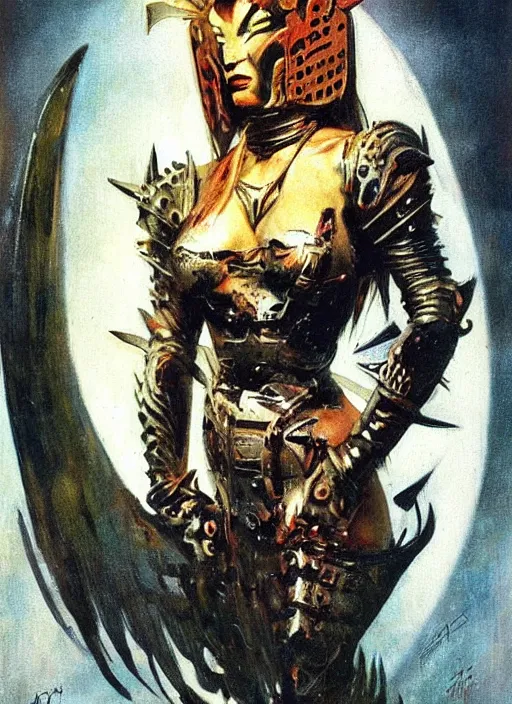Prompt: portrait of norwegian female chaos angel, beautiful! coherent! by frank frazetta, by brom, strong line, deep color, spiked armor, iron helm, high contrast, maximalist
