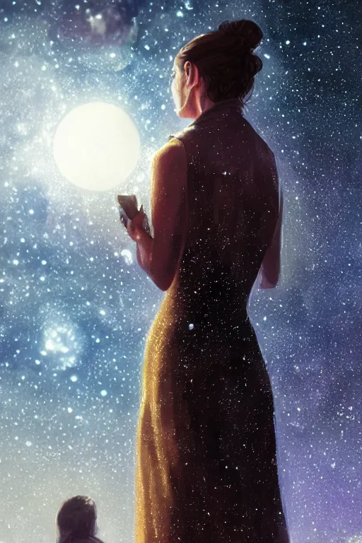 Prompt: a woman, wearing a dress made of stars, rim lighting, dramatic, planets in the background, smooth, sharp focus, very detailed, by greg rutkowski, artstation, tom badshaw, 8 k, symmetrical face