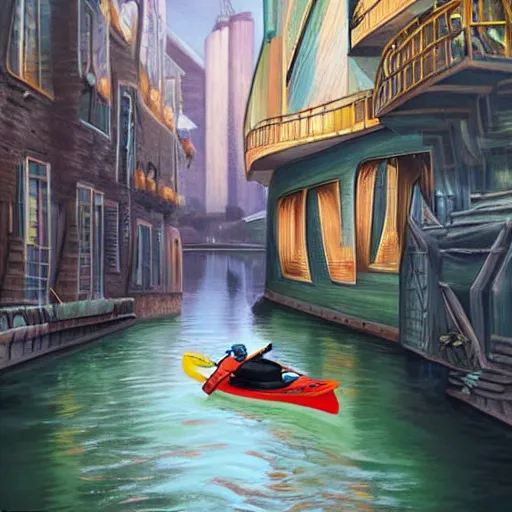 Image similar to Narrow cosy waterway with kayak in futuristic sci-fi city in harmony with nature. Nice colour scheme, soft warm colour. Beautiful detailed painting by Lurid. (2022)