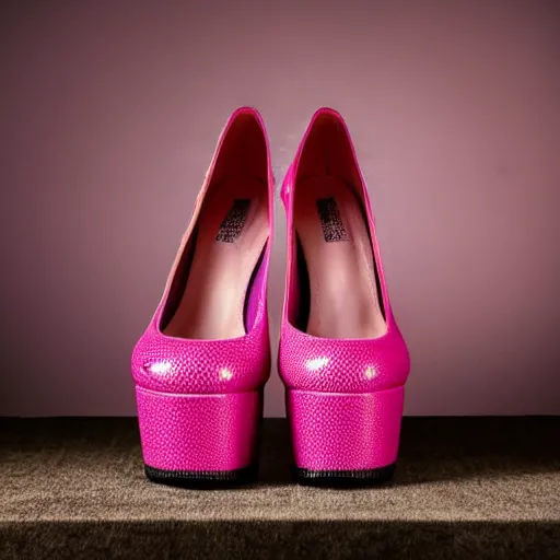 Prompt: high quality photo of Women`s platform shoes on a pink background. Punk, grunge, goth women shoes. 8k,