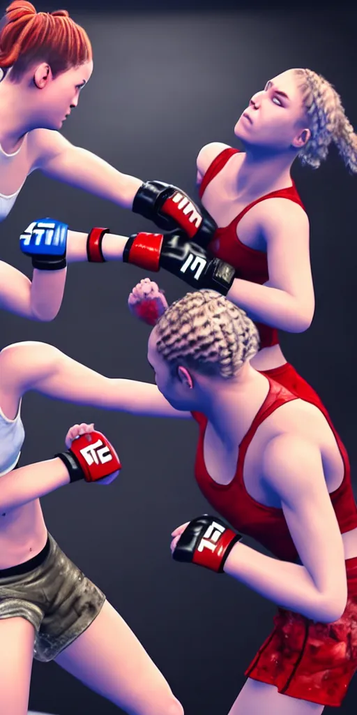 Prompt: two girls fighting mma, hyperrealistic painting, detailed, 4 k resolution, unreal engine