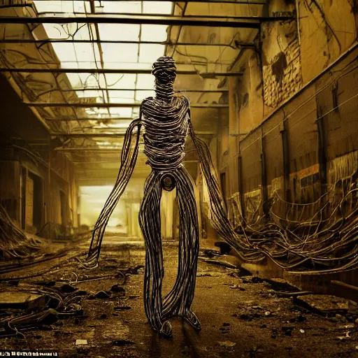 Prompt: a human figure wrapped in electrical wiring in a dirty abandoned industrial wasteland, moody, atmospheric, cinematic