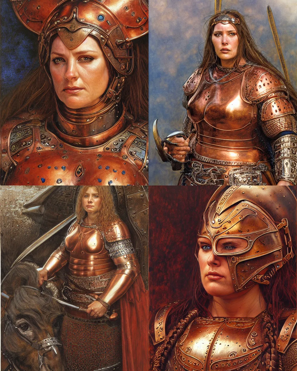 Prompt: portrait, big robust female medieval warrior wearing copper breastplate, roman style, ultrarealistic, hyperdetailed, smooth, reflections, soft lighting, sharp focus, intricate, by donato giancola, brian froud, jeff easley