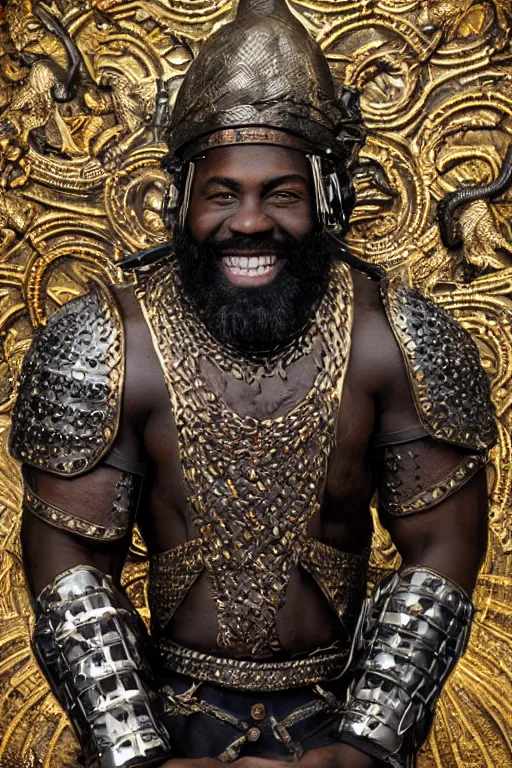 Image similar to portrait of a young African American rugged young man, thick black beard, big muscles, big smile. intricate bronze armour decorated with with gems. Engraved with a tree. cinematic lighting, highly detailed, full body shot. Movie poster.