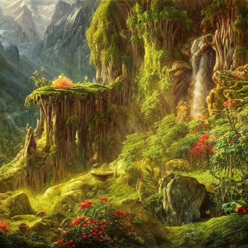 Prompt: a beautiful and highly detailed oil painting of a secret valley deep in the mountains, ancient trees, lush plant growth, tall grass, flowers, intricate details, epic scale, insanely complex, rivendell, 8 k, sharp focus, hyper realism, fantasy landscape, psychedelic, by caspar friedrich and brian froud,