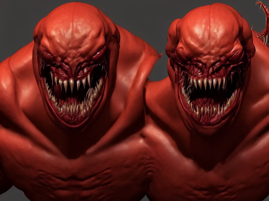 Image similar to doom, muscular body, chiroptera head, chiroptera ears, big sharp teeth, crustacean, hyperrealism, artstation, cgsociety, zbrush, no background