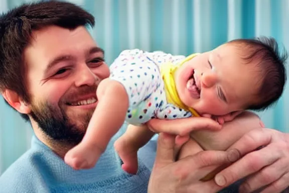 Image similar to a very happy man holding a baby by its leg