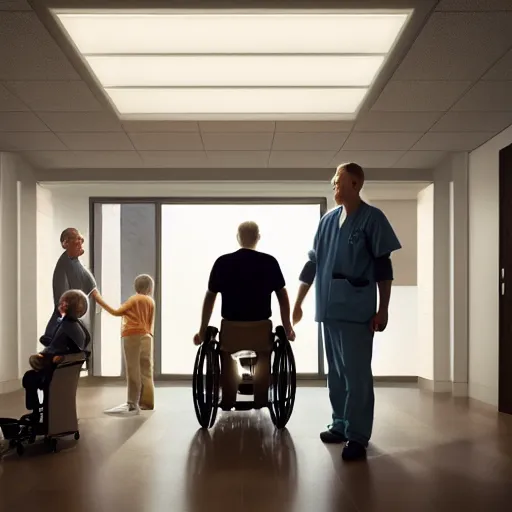 Image similar to a male patient in a wheelchair in the hospital with his wife and son standing by. happy, cheerful, smiling, intricate, face enhance, sharp focus, cinematic lighting, featured in artistation, 8 k, art by greg rutkowski, emiliya lane