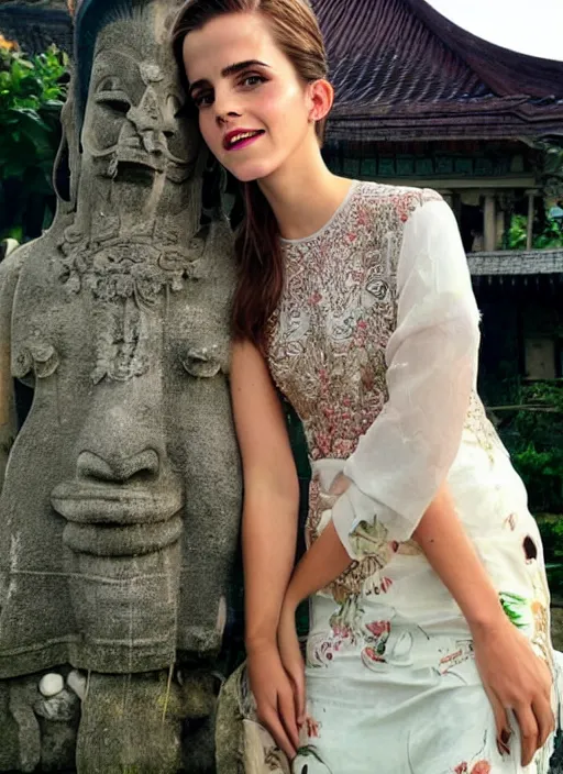 Prompt: emma watson wearing kebaya bali in bali. temple background. front view. instagram holiday photo shoot, award winning photography perfect faces. beautiful