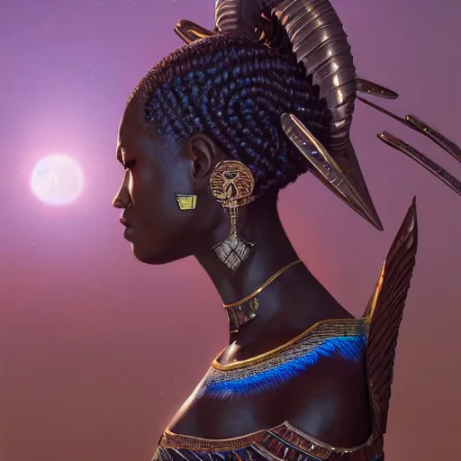 Prompt: highly detailed portrait of an african egyptian goddess, intricate alien technology, stephen bliss, unreal engine, fantasy art by greg rutkowski, loish, rhads, ferdinand knab, makoto shinkai and lois van baarle, ilya kuvshinov, rossdraws, tom bagshaw, global illumination, bokeh, radiant light, detailed and intricate environment