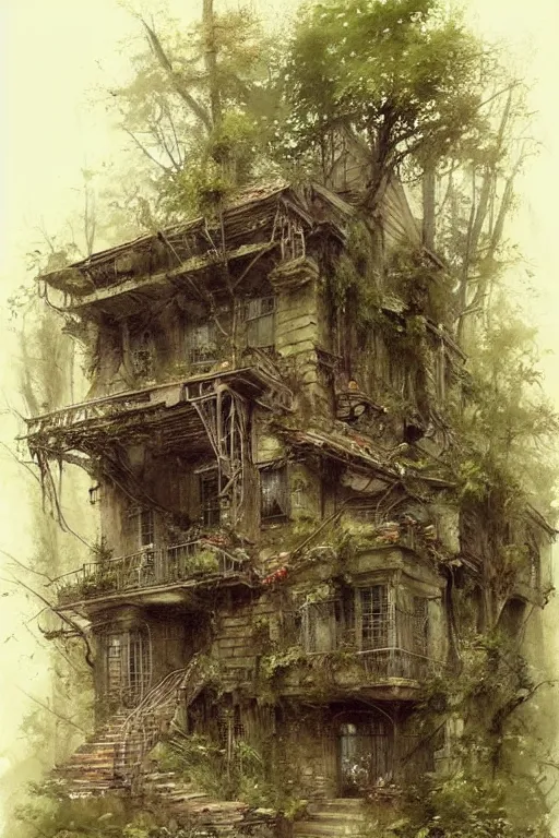 Image similar to (((((a ramshackle manhattan brownstone deep in the forest, completely overgrown))))) by Jean-Baptiste Monge!!!!!!!!!!!!!!!!!!!!!!!!!!!