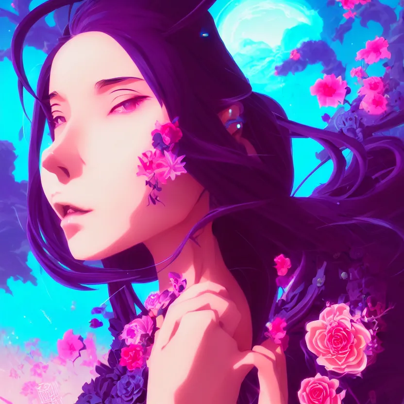 Image similar to side profile macro portrait, cute modern gothic anime girl with synthwave flower background, gloomhaven, colorful swirly retrowave style fantasy portrait, by lois van baarle, sachin teng, greg rutkowski, jesper ejsing, ilya kuvshinov, extremely detailed 4 k,