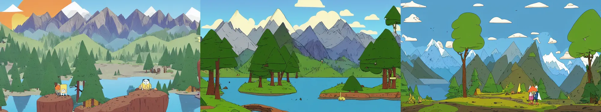 Prompt: mountains, trees, and lake, in the style of adventure time