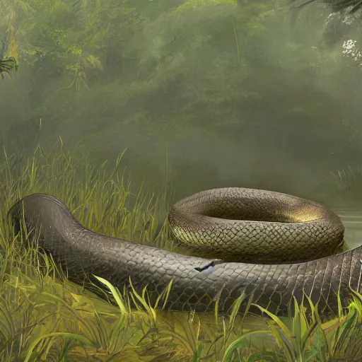 Image similar to a giant anaconda in a dense swamp landscape by ArtStationHQ