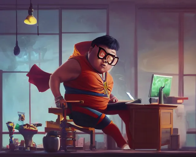 Image similar to an insanely detailed painting of a slightly chubby, nerdy asian man wearing a superhero costume, sitting at a desk, staring at the nervously at the computer and typing, in the style of peter mohrbacher, dramatic lighting and composition, octane render, pixar, trending on artstation, concept art, comic book, view from behind