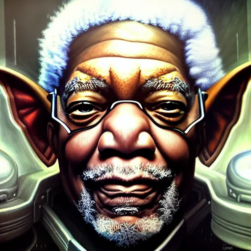 Image similar to portrait painting of a cyberpunk elf corporate boss morgan freeman, sharp focus, award - winning, trending on artstation, masterpiece, highly detailed, intricate. art by charlie bowater and greg staples and elsa beskow and brian froud and jessica rossier