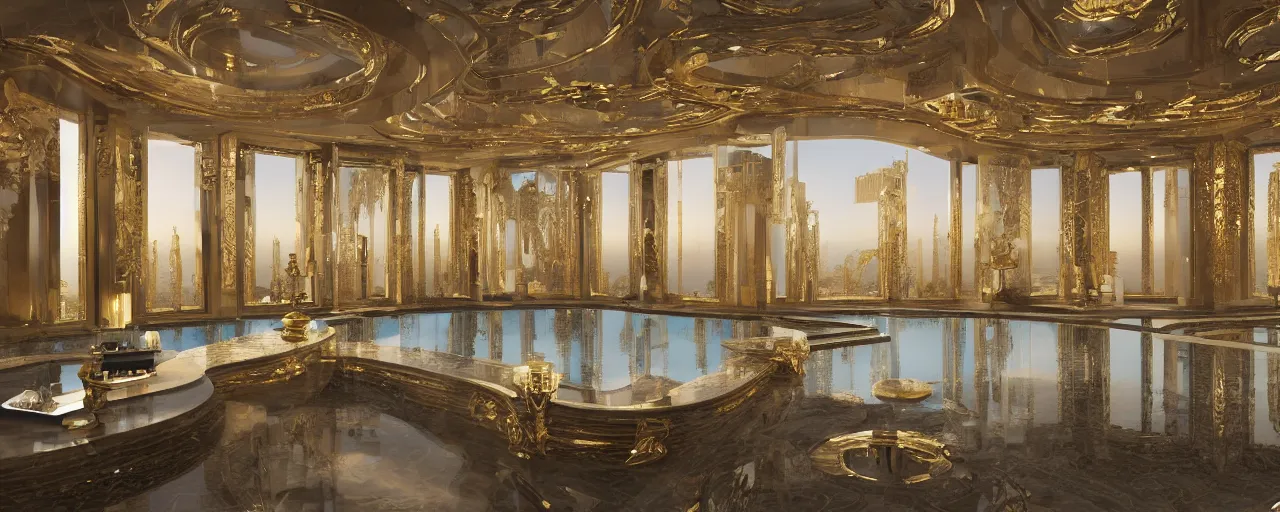 Prompt: photo of a cinematic interior of a triple height hyper luxury spa with everything made of gold, candles, windows with view to desert mountains and river, beige stone marble floor with reflection, small wellness relaxation pool, intricate hieroglyph detailed roof, contemporary design, sacred geometry, 8 k, hyperrealistic, photorealism,