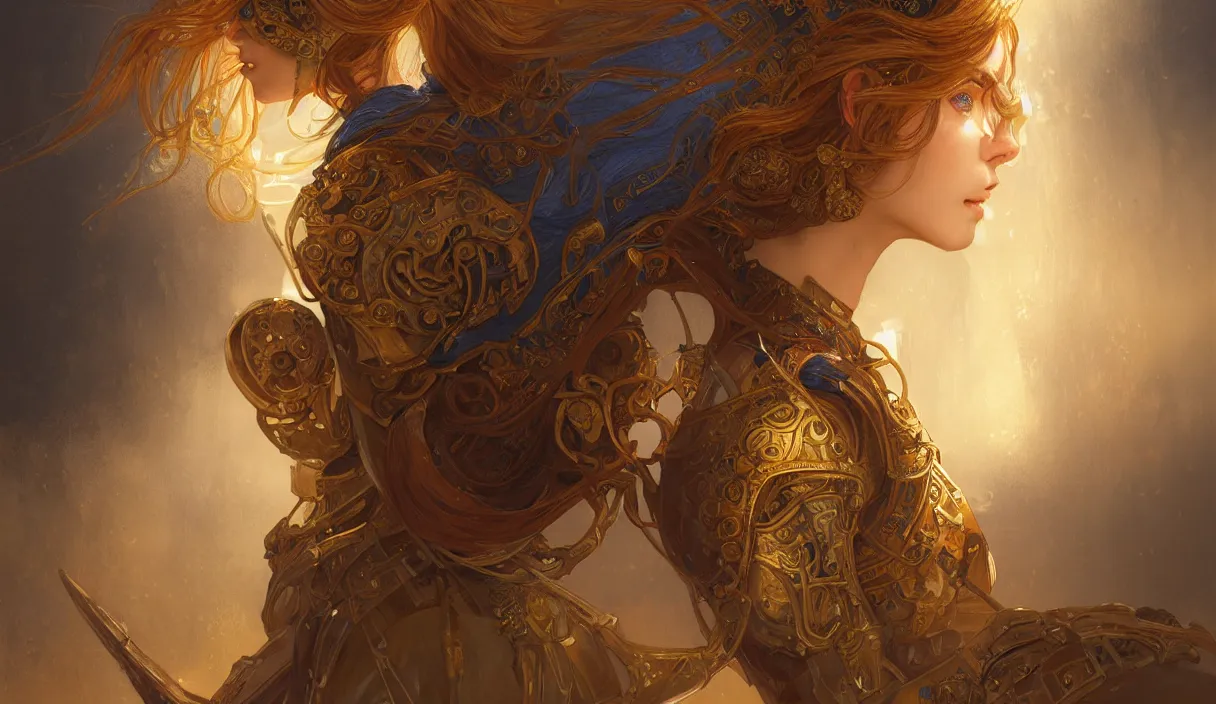 Image similar to portrait light brown hair knights of zodiac girl, metalic orange and dark blue reflected armor, in ruined agora of athens, ssci - fi, fantasy, intricate, very very beautiful, elegant, golden light, highly detailed, digital painting, artstation, concept art, smooth, sharp focus, illustration, art by tian zi and wlop and alphonse mucha