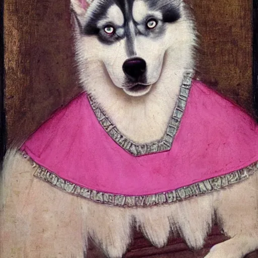 Image similar to derpy siberian husky dog princess in pink gown, medieval painting