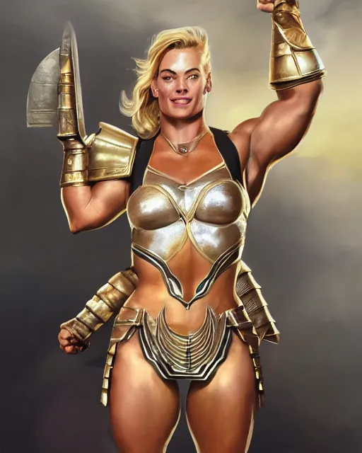 Prompt: full figure ultra realistic illustration, margot robbie as thick female bodybuilder knight zarya from overwatch smiling with closed eyes wearing egyptian armour, intricate, elegant, highly detailed, digital painting, artstation, concept art, smooth, sharp focus, illustration, art by artgerm and greg rutkowski and alphonse mucha