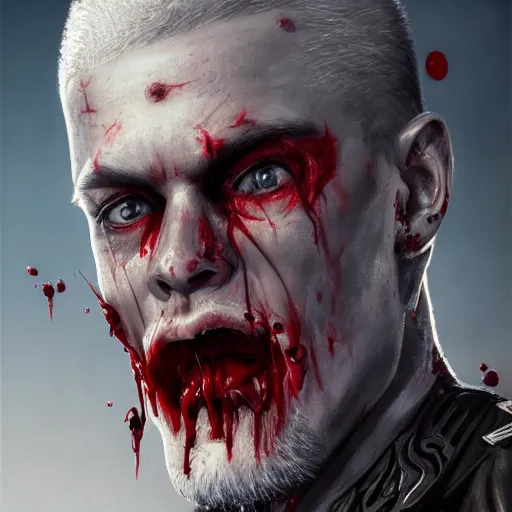 Prompt: portrait painting of a sneering biker with pale skin and spiked hair drinking blood from a skull goblet sharp focus, ultra realistic, concept art, intricate details, eerie, highly detailed, photorealistic, octane render, 8 k, unreal engine. art by artgerm and charlie bowater and greg rutkowski