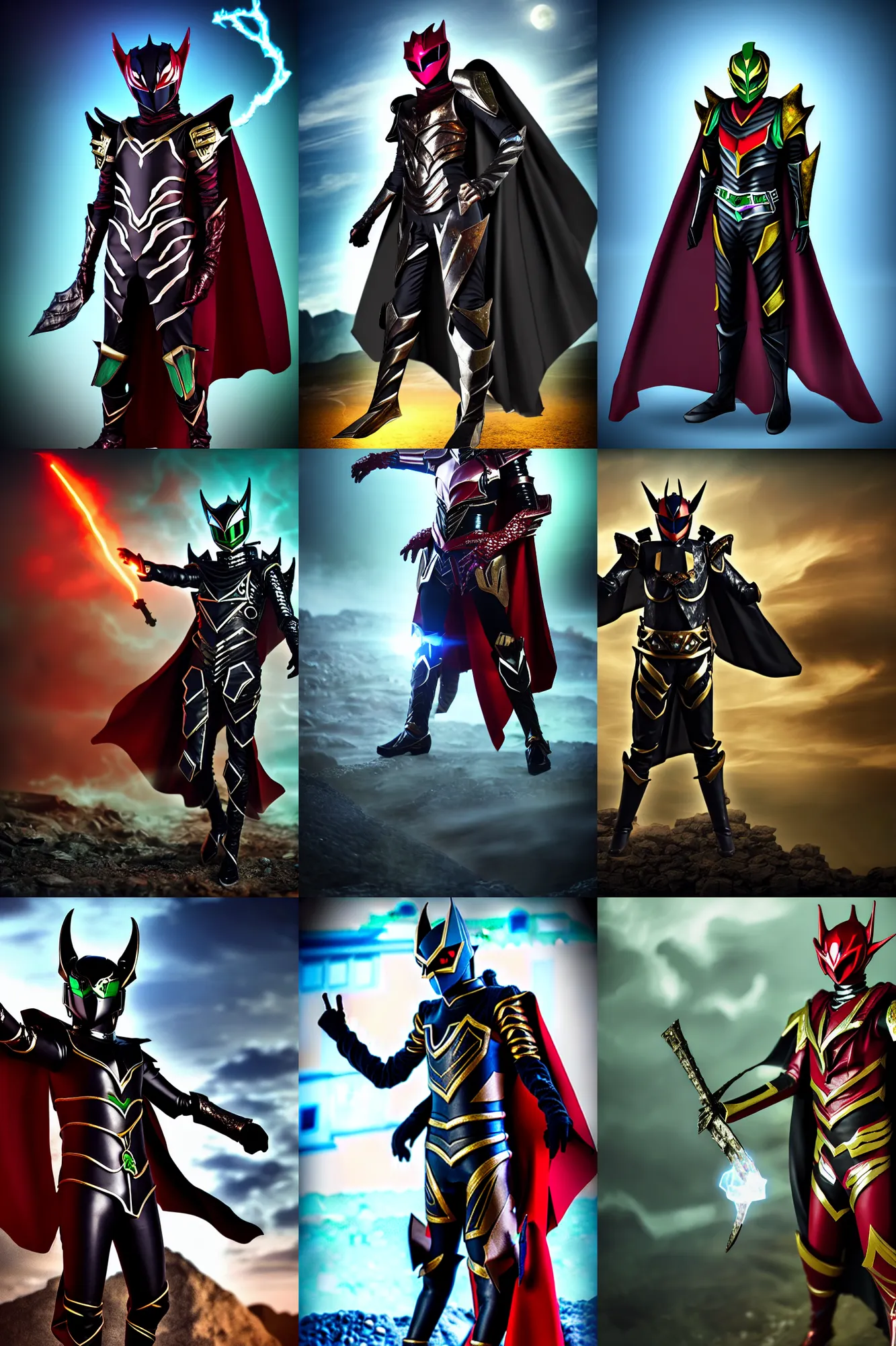 Prompt: High Fantasy Kamen Rider with a flowing cape, single character, full body, 4k, rock quarry location, glowing eyes, rubber suit, fantasy inspired dragon armor, ultra realistic, high quality, cinematic, centered, cinematography