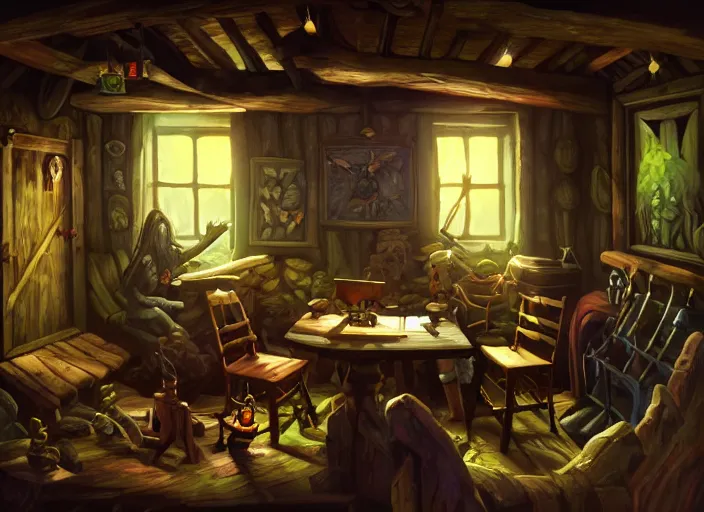 Prompt: interior of a dark cabin. a leshy forces you to play a tabletop card game. painting by dan volbert and mandy jurgens and deiv calviz and lim chuan shin