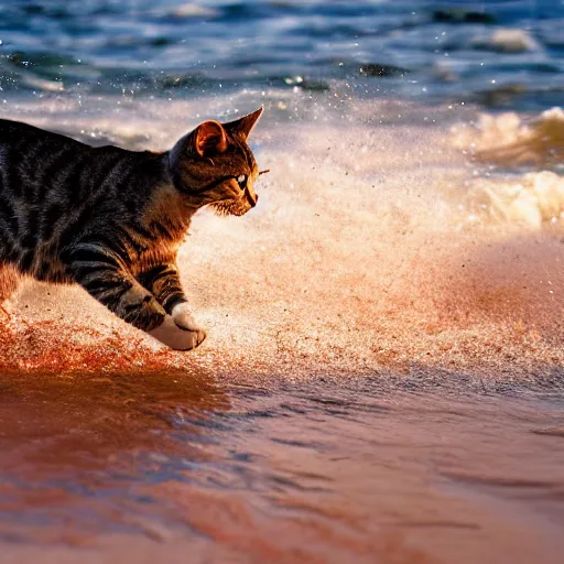 Image similar to photograph of cat running through the shallow waves at the beach, high quality, hd, flickr, sharp focus, cinematic lighting, rim lighting, enhanced colors