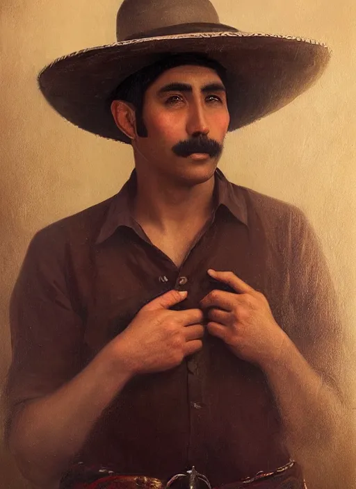 Prompt: portrait of a handsome mexico in old jalisco, painting by manuel sanjulian and tom bagshaw, oil on canvas, hyperrealism