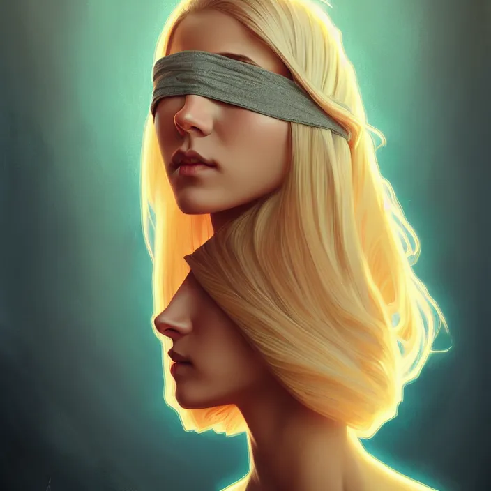 Image similar to blindfold handsome young women with shoulder length blonde hair, symmetrical, half body shot, path traced, highly detailed, high quality, digital painting, alena aenami, lilia alvarado, shinji aramaki, karol bak, alphonse mucha, tom bagshaw