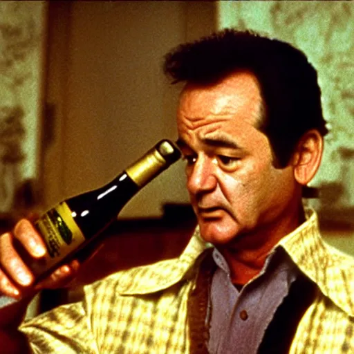 Prompt: film still of bill murray as Peter venkman, setting out a cheese and wine platter