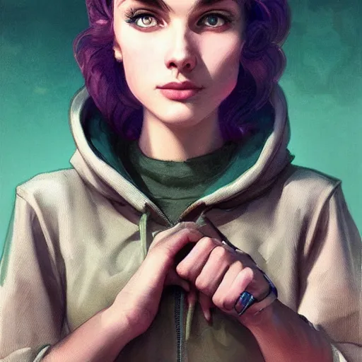 Image similar to character portrait of a 1950s girl in a hoodie with a pixie cut, dystopian cyberpunk steampunk soviet mood, intricate, wild, highly detailed, digital painting, artstation, upper body, concept art, smooth, sharp focus, illustration, art by artgerm and greg rutkowski and alphonse mucha