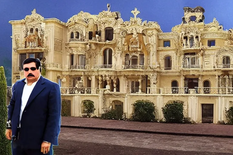 Prompt: el chapo standing in the middle of a grandiose mexican mansion. everything is made out of gold. el chapo is sipping on wine. the mansion is incredible and ornate. chapo has a clockwork chain. there are princesses and queens everywhere around him