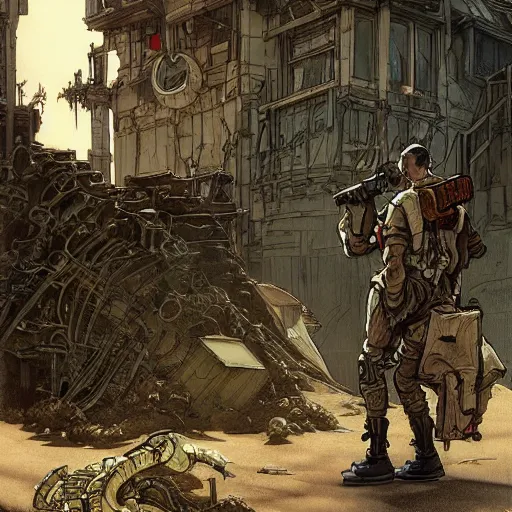 Prompt: two robot ghostbusters walking in a post apocalyptic neighborhood covered in sand, ruined subdivision houses, Sci Fi, intricate, elegant, highly detailed, digital painting, artstation, concept art, matte, sharp focus, illustration, art by Arthur Rackham and Alphonse Mucha