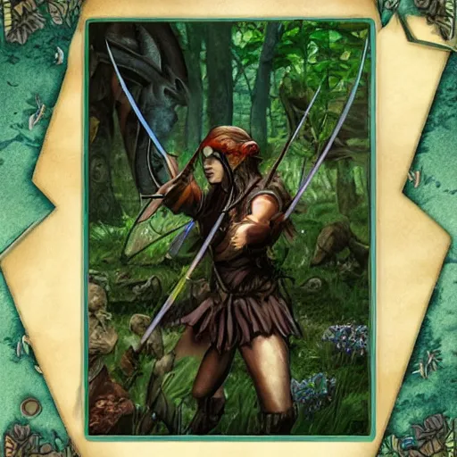 Image similar to magic the gathering card, archers in mystical forest