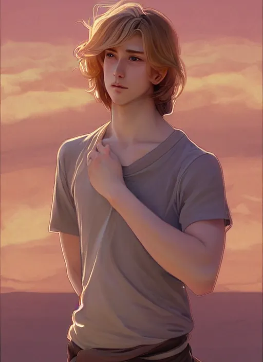 Image similar to pretty young man with shoulder length shiny shimmering golden blond hair, half body shot, path traced, highly detailed, high quality, digital painting, by studio ghibli and alphonse mucha, leesha hannigan, hidari, disney