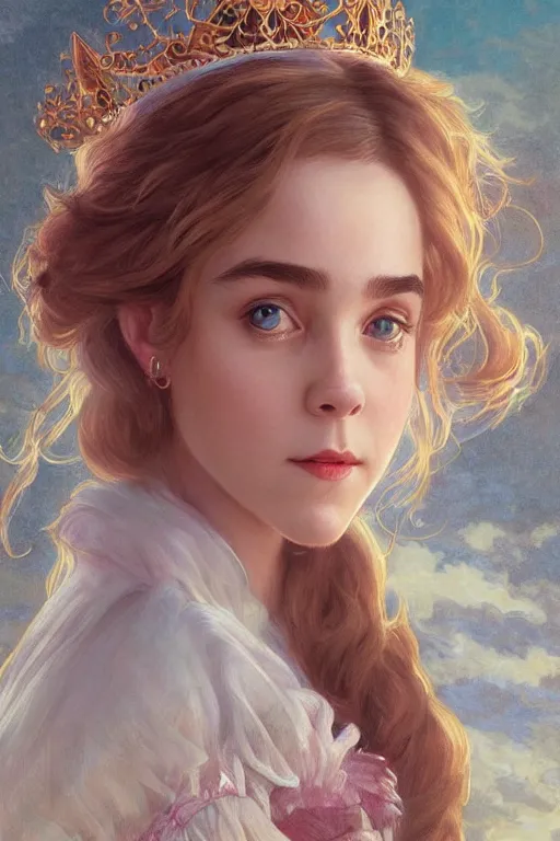 Prompt: portrait kiernan shipka as a princess, highly detailed, digital painting, artstation, concept art, sharp focus, illustration, art by artgerm, rutkowski, mucha, jurgens, bouguereau