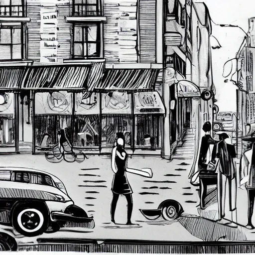 Prompt: noon, hipsters drinking coffee in the streets, in the style of james jean, film noir