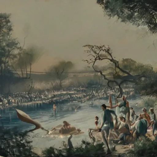 Image similar to a cinematic painting of alien tentacles emerging from the water of a river, hoards of people are gathering around the riverbed, fire blowing the leaves from the trees