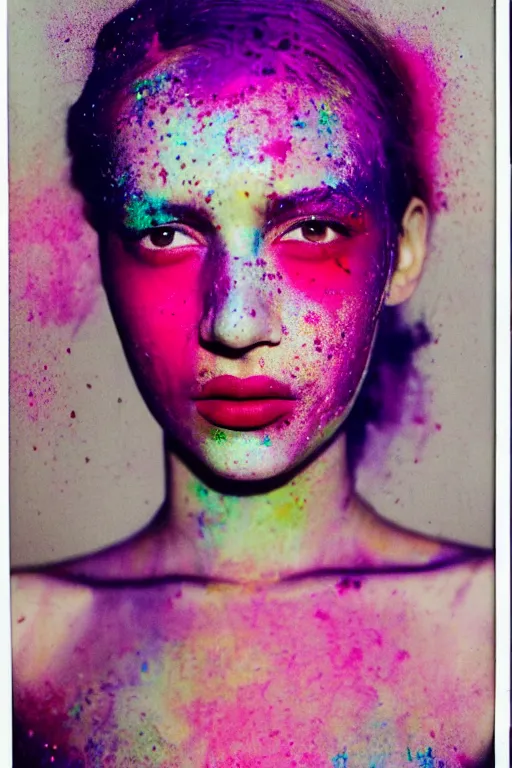 Prompt: An instax film still of a girl covered in holi powder featured in Vogue and GQ editorial fashion photography, beautiful eye, symmetry face, haute couture dressed by Givenchy and Salvatore Ferragamo