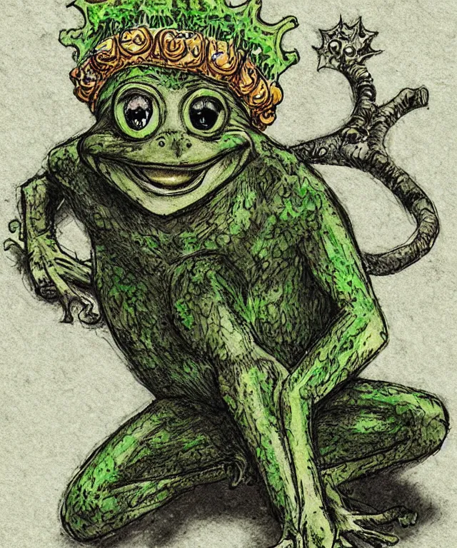 Prompt: frog boy farmer finds the clown crown in the dirt, clown crown, moment of destiny, artwork by Kentaro Miura