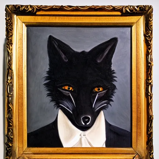 Image similar to portrait of a male anthro anthropomorphic black fox furry fursona with hands on eyes, wearing a suit, 1 9 7 0 s oil on canvas painting, by famous artist jylon denja