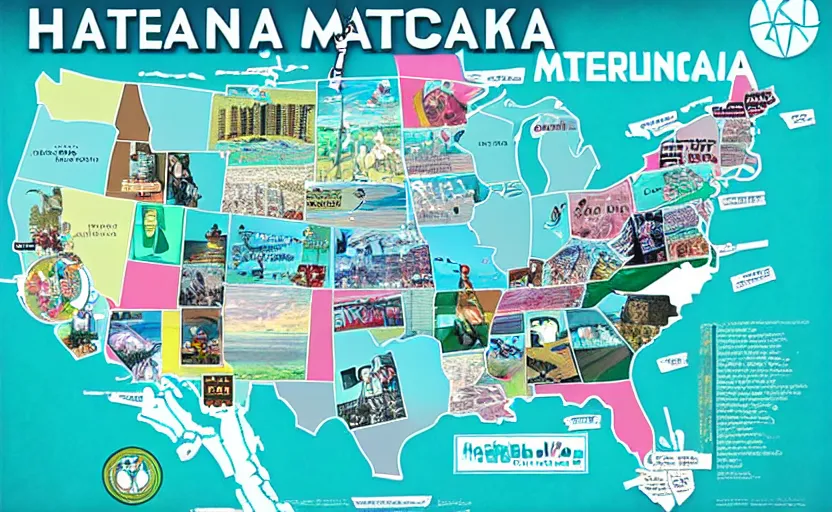 Image similar to hatsune miku across america map, map key, tourist map, brochure