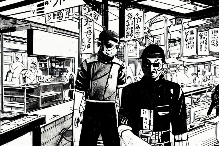 Image similar to tokyo fish market worker in the style of vincent di fate's cyberpunk 2 0 2 0.